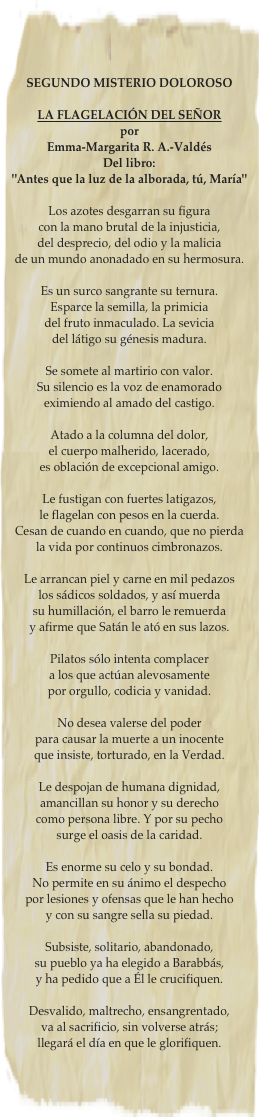 
SEGUNDO MISTERIO DOLOROSO  LA FLAGELACIÓN DEL SEÑOR
por
Emma-Margarita R. A.-Valdés
Del libro: "Antes que la luz de la alborada, tú, María"
 
Los azotes desgarran su figura
con la mano brutal de la injusticia,
del desprecio, del odio y la malicia
de un mundo anonadado en su hermosura.
 
Es un surco sangrante su ternura.
Esparce la semilla, la primicia
del fruto inmaculado. La sevicia
del látigo su génesis madura.
 
Se somete al martirio con valor.
Su silencio es la voz de enamorado
eximiendo al amado del castigo.
 
Atado a la columna del dolor,
el cuerpo malherido, lacerado,
es oblación de excepcional amigo.
 
Le fustigan con fuertes latigazos,
le flagelan con pesos en la cuerda.
Cesan de cuando en cuando, que no pierda
la vida por continuos cimbronazos.
 
Le arrancan piel y carne en mil pedazos
los sádicos soldados, y así muerda
su humillación, el barro le remuerda
y afirme que Satán le ató en sus lazos.
 
Pilatos sólo intenta complacer
a los que actúan alevosamente
por orgullo, codicia y vanidad.
 
No desea valerse del poder
para causar la muerte a un inocente
que insiste, torturado, en la Verdad.
 
Le despojan de humana dignidad,
amancillan su honor y su derecho
como persona libre. Y por su pecho
surge el oasis de la caridad.
 
Es enorme su celo y su bondad.
No permite en su ánimo el despecho
por lesiones y ofensas que le han hecho
y con su sangre sella su piedad.
 
Subsiste, solitario, abandonado,
su pueblo ya ha elegido a Barabbás,
y ha pedido que a Él le crucifiquen.
 
Desvalido, maltrecho, ensangrentado,
va al sacrificio, sin volverse atrás;
llegará el día en que le glorifiquen.
