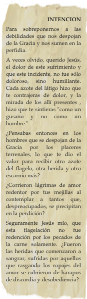 
                          INTENCION
Para sobreponernos a las debilidades que nos despojan de la Gracia y nos sumen en la perfidia.
A veces olvido, querido Jesús, el dolor de este sufrimiento y que este incidente, no fue sólo doloroso, sino humillante. Cada azote del látigo hizo que te contrajeras de dolor, y la mirada de los allí presentes , hizo que te sintieras "como un gusano y no como un hombre."
¿Pensabas entonces en los hombres que se despojan de la Gracia por los placeres terrenales, lo que te dio el valor para recibir otro azote del flagelo, otra herida y otro escarnio más?
¿Corrieron lágrimas de amor redentor por tus mejillas al contemplar a tantos que, despreocupados, se precipitan en la perdición?
Seguramente Jesús mío, que esta flagelación no fue redención por los pecados de la carne solamente. ¿Fueron las heridas que comenzaron a sangrar, sufridas por aquellos que rasgando los ropajes del amor se cubrieron de harapos de discordia y desobediencia?
